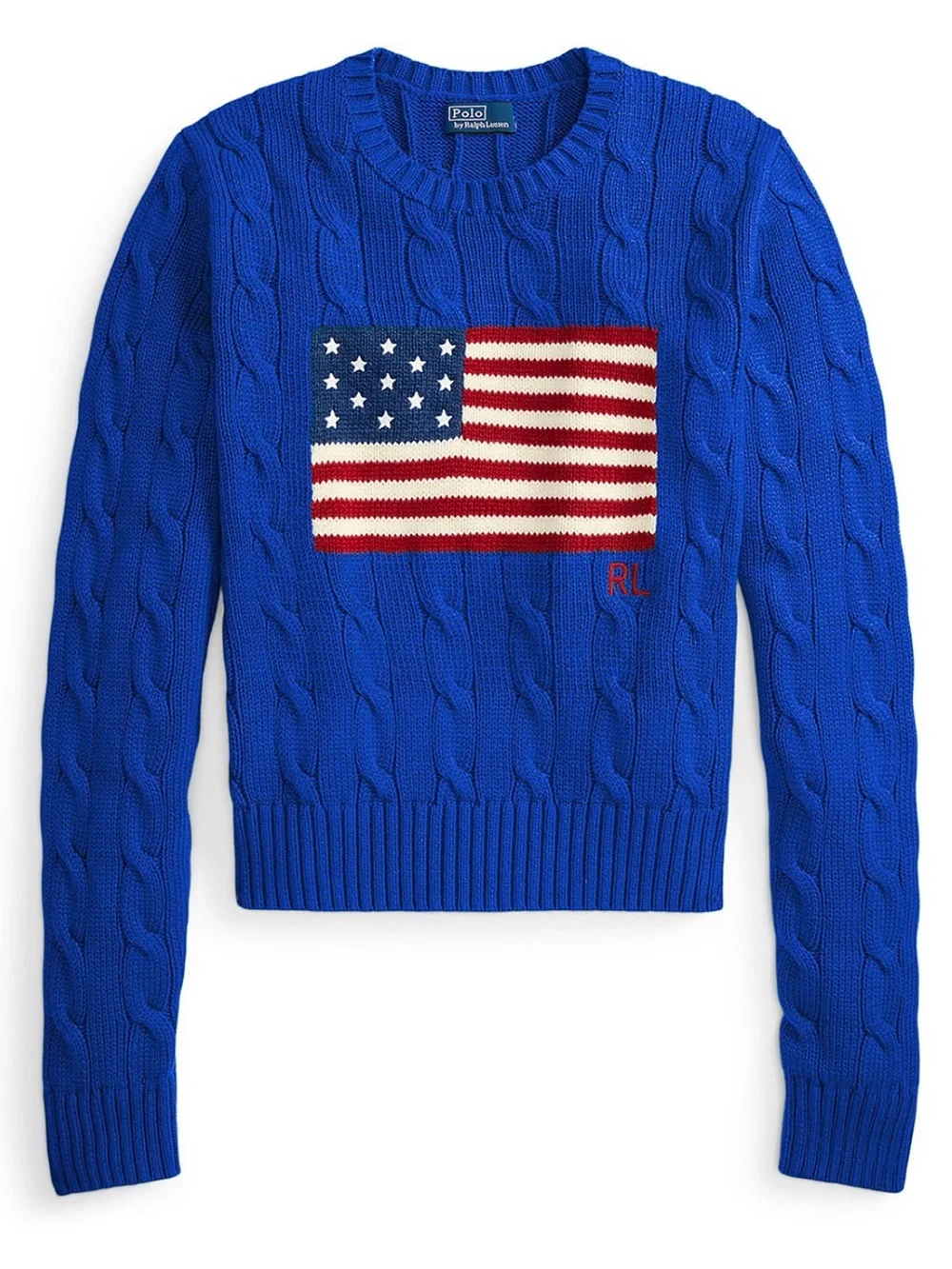 NWT Blue Cable-Knit Sweater with Flag Motif